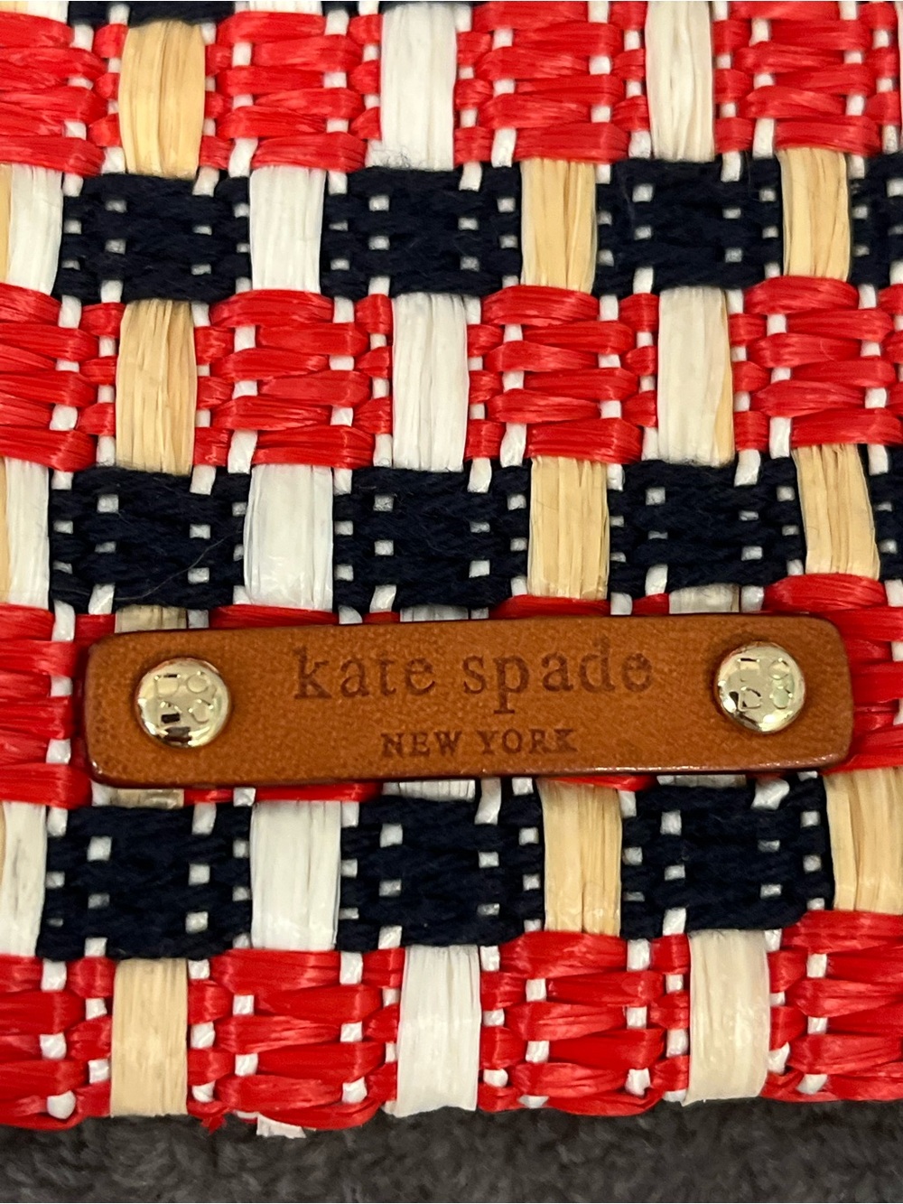 Kate Spade Red, White & Navy Woven Tote Clutch with Brown Leather Handles - Picture 3 of 10
